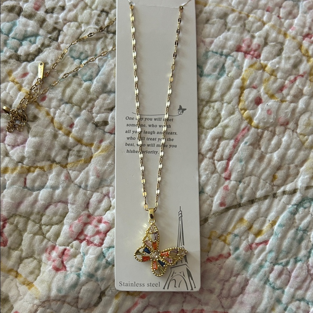 Stainless steel Butterfly Necklace with Multicolor Stones & matching bangle